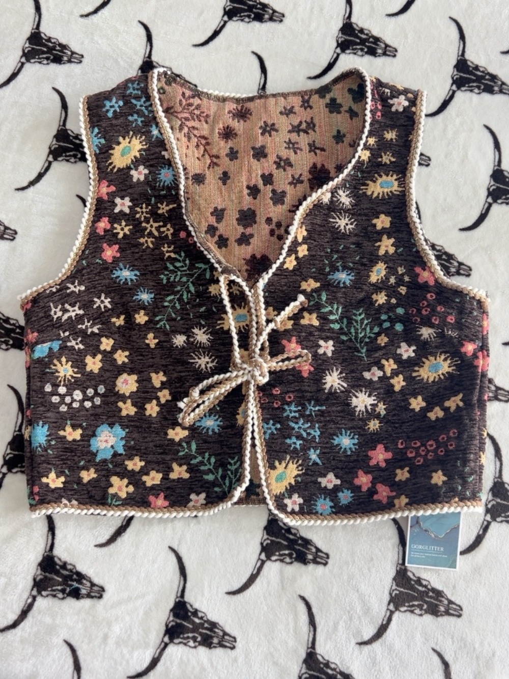 GORGLITTER NWT Floral Tapestry Tie Front Boho Vest Brown Size L
